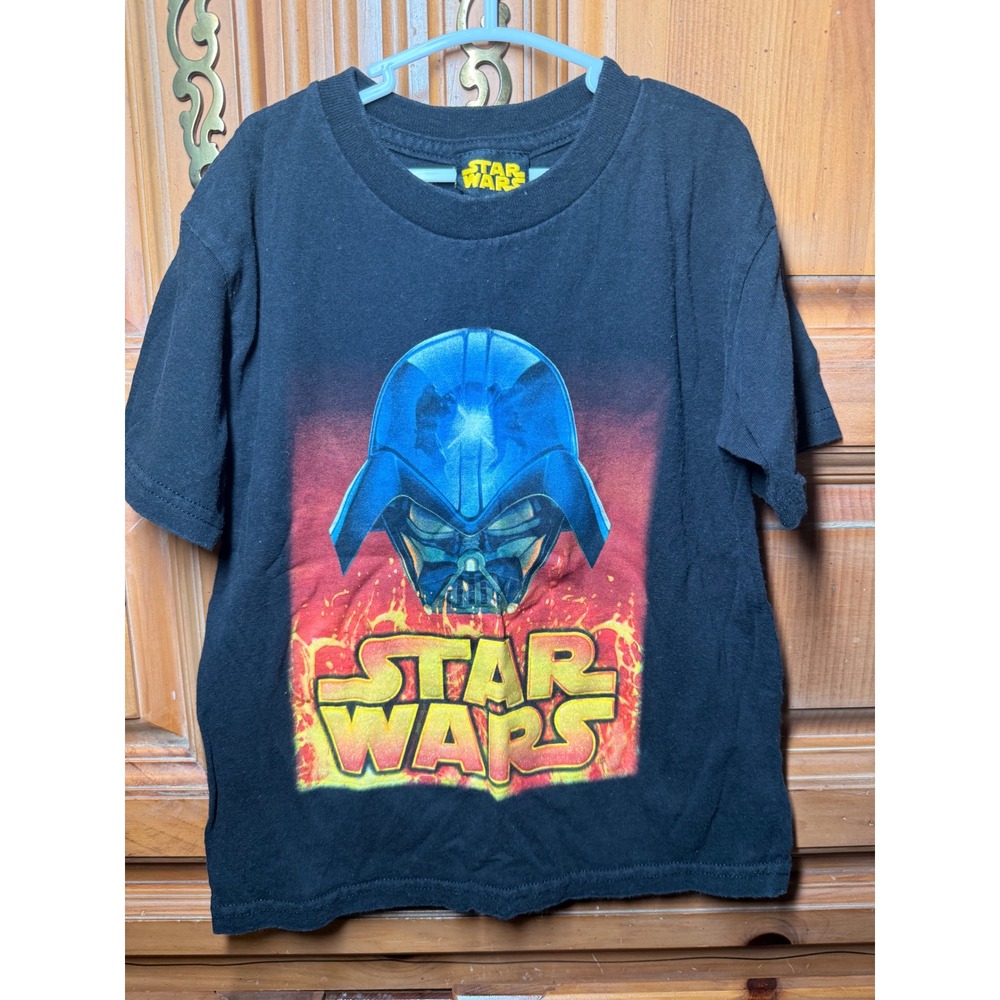 Y2K Star Wars Darth Vader Graphic T-Shirt Black Glitter Logo Kids XS Lucasfilm